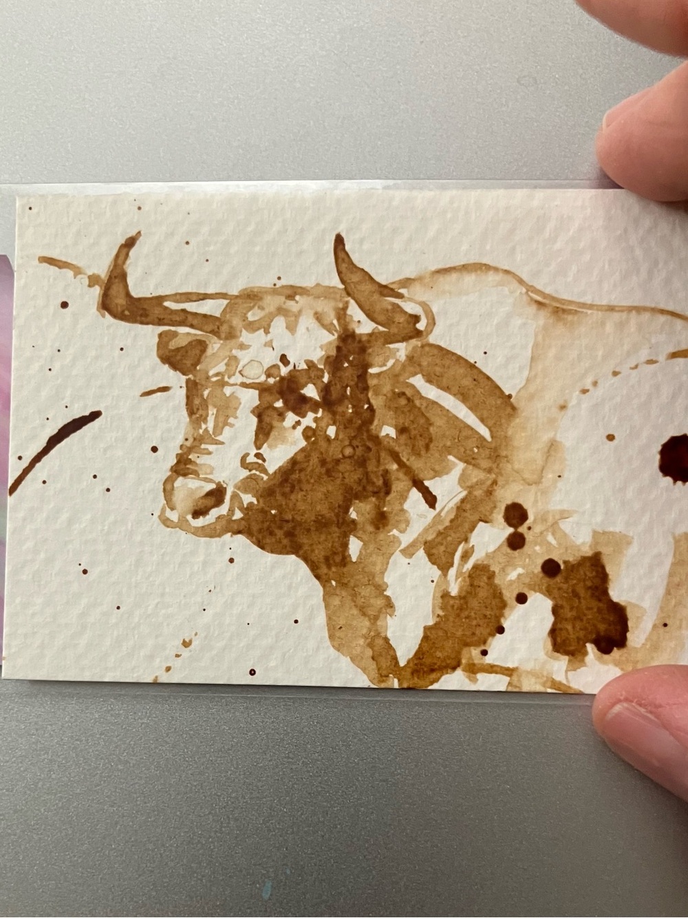 Aceo bull coffee painting ATC gift art western collectible gift by Artettina